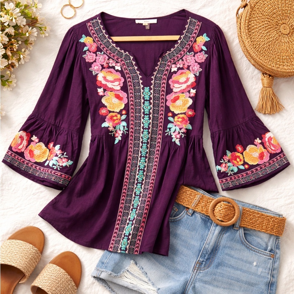 Andree by Unit Embroidered Boho Peasant Top Purple Bell Sleeve Floral Size S